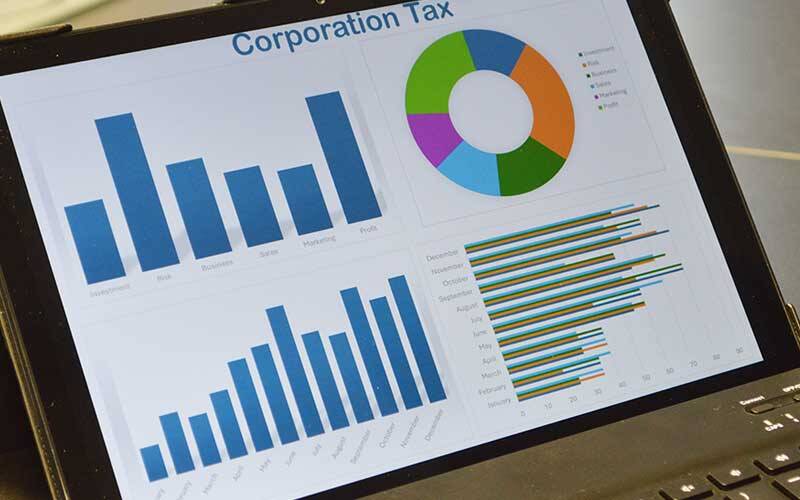 Picture of a tablet computer showing charts and information headed Corporation Tax