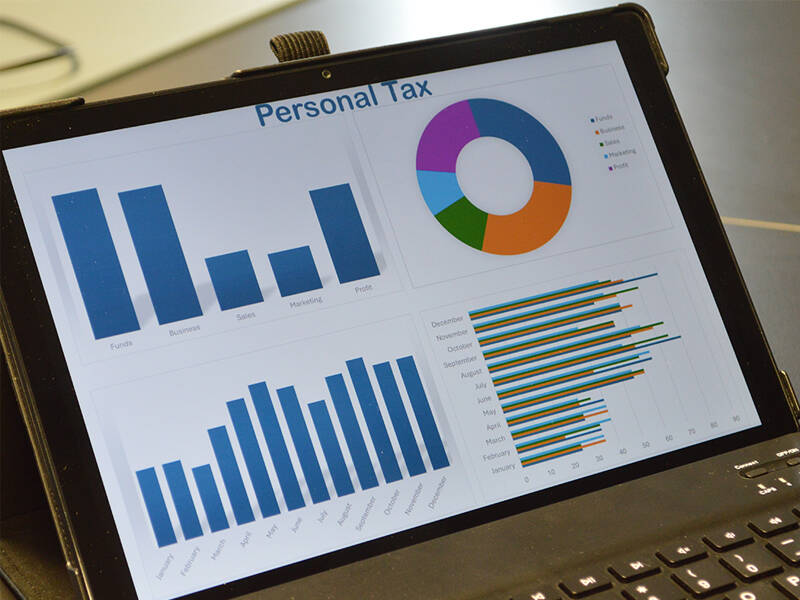 Tablet computer showing charts with the title of personal tax