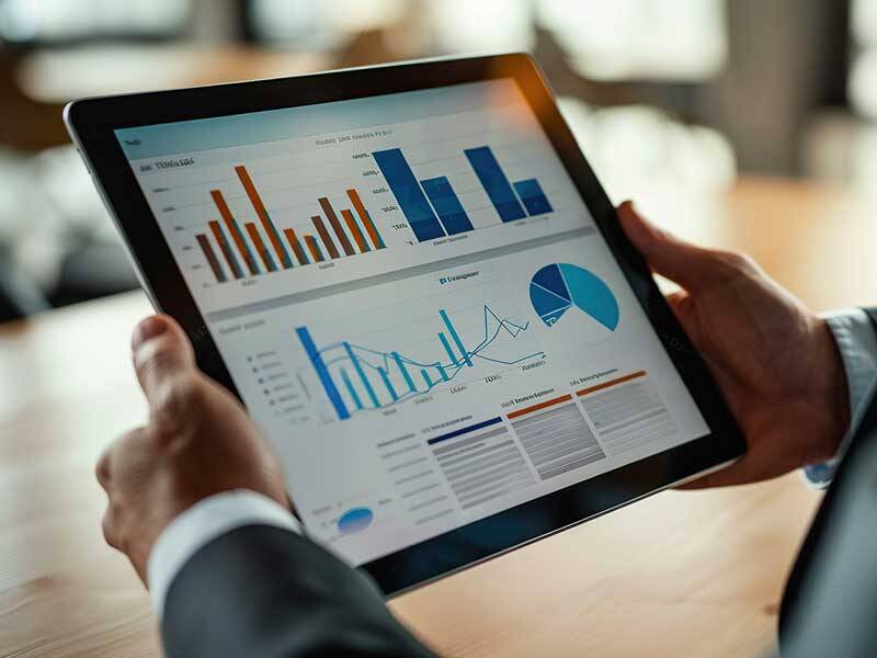Business person looking at charts and information on the screen of a tablet computer