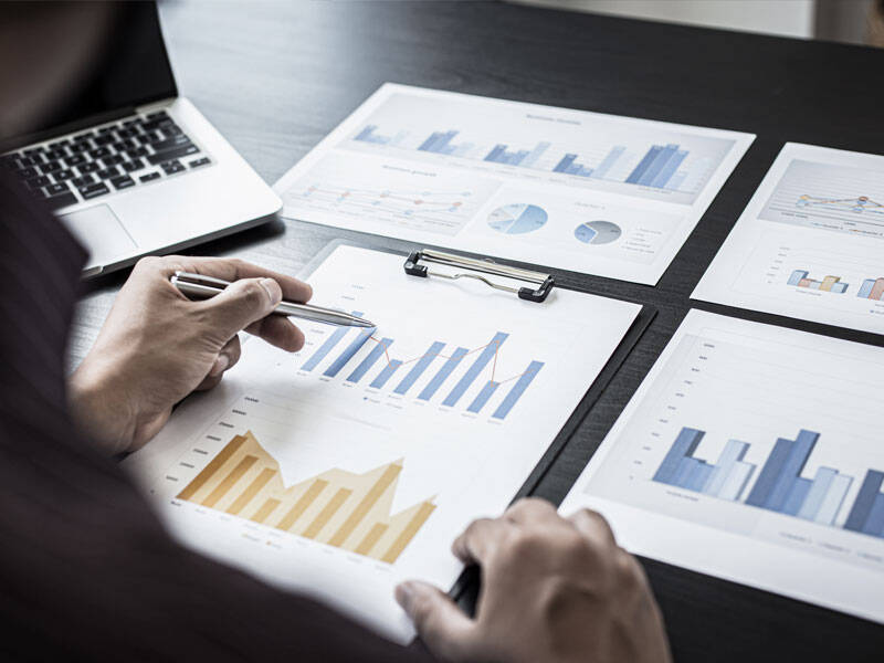 Business person looking at paper based charts and information