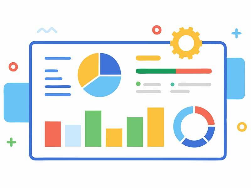Computer screen displaying various charts, graphs, including a pie chart, a line graph, and a bar graph, along with other icons