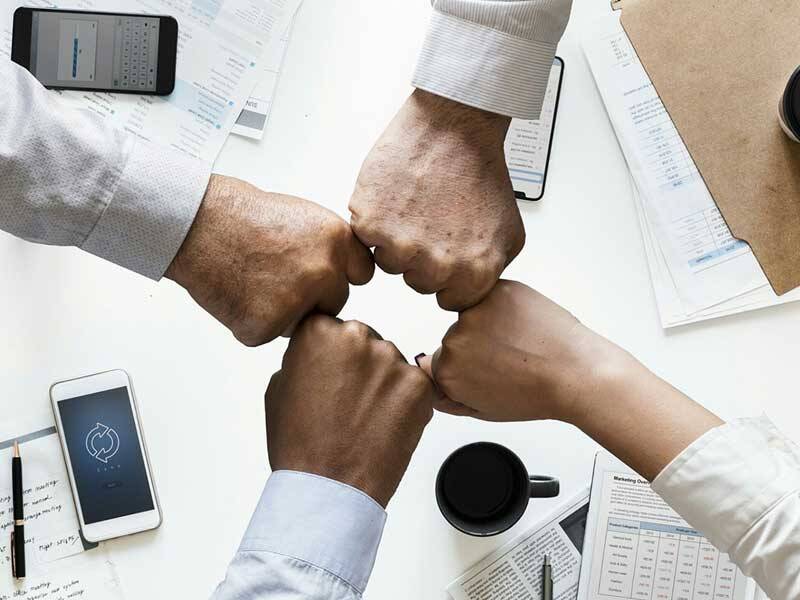 Business men and women fist pumping