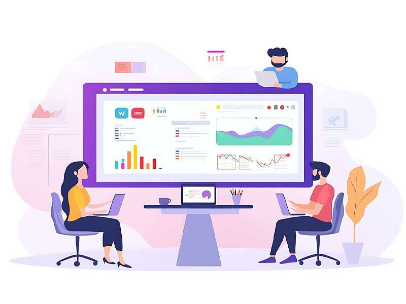 Illustartion of team meeting for data analysis and using large computer screen with charts and information